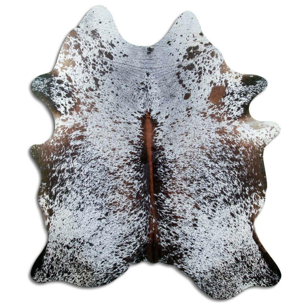 Salt and pepper cowhide rug of about 190 × 170 cm, seen from above: the exact hide you receive