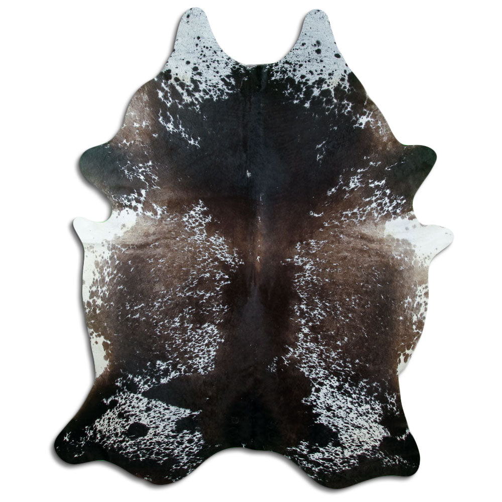 Salt and pepper cowhide rug of about 230 × 180 cm, seen from above: the exact hide you receive