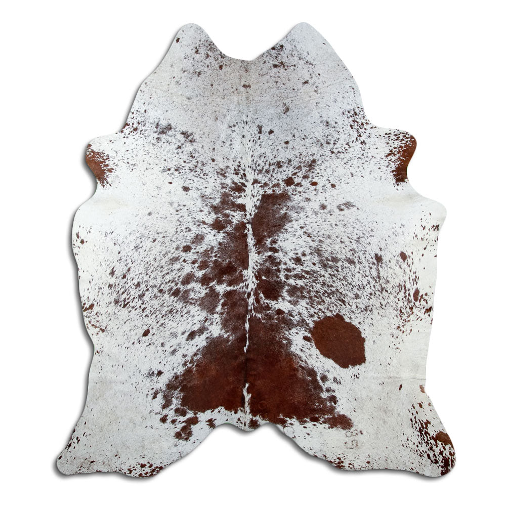 Salt and pepper cowhide rug of about 210 × 190 cm, seen from above: the exact hide you receive