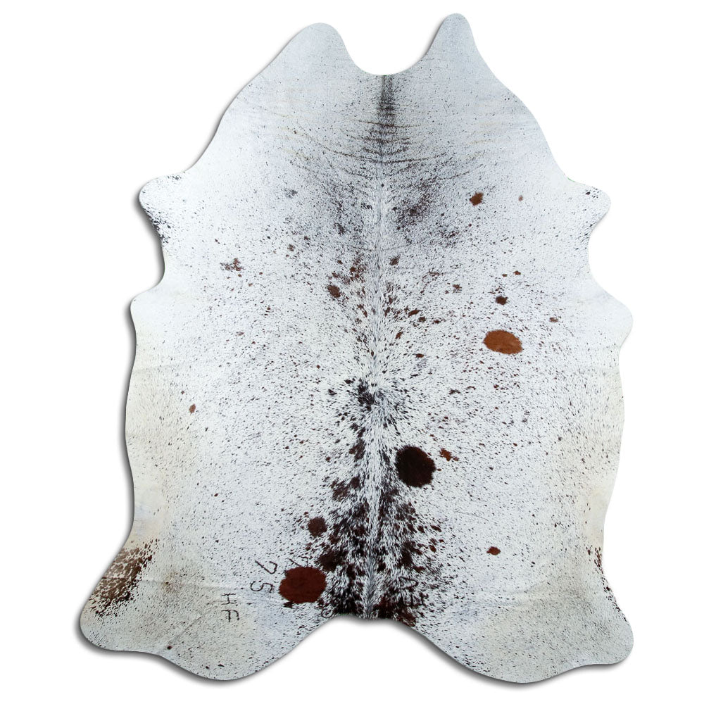 Salt and pepper cowhide rug of about 240 × 200 cm, seen from above: the exact hide you receive