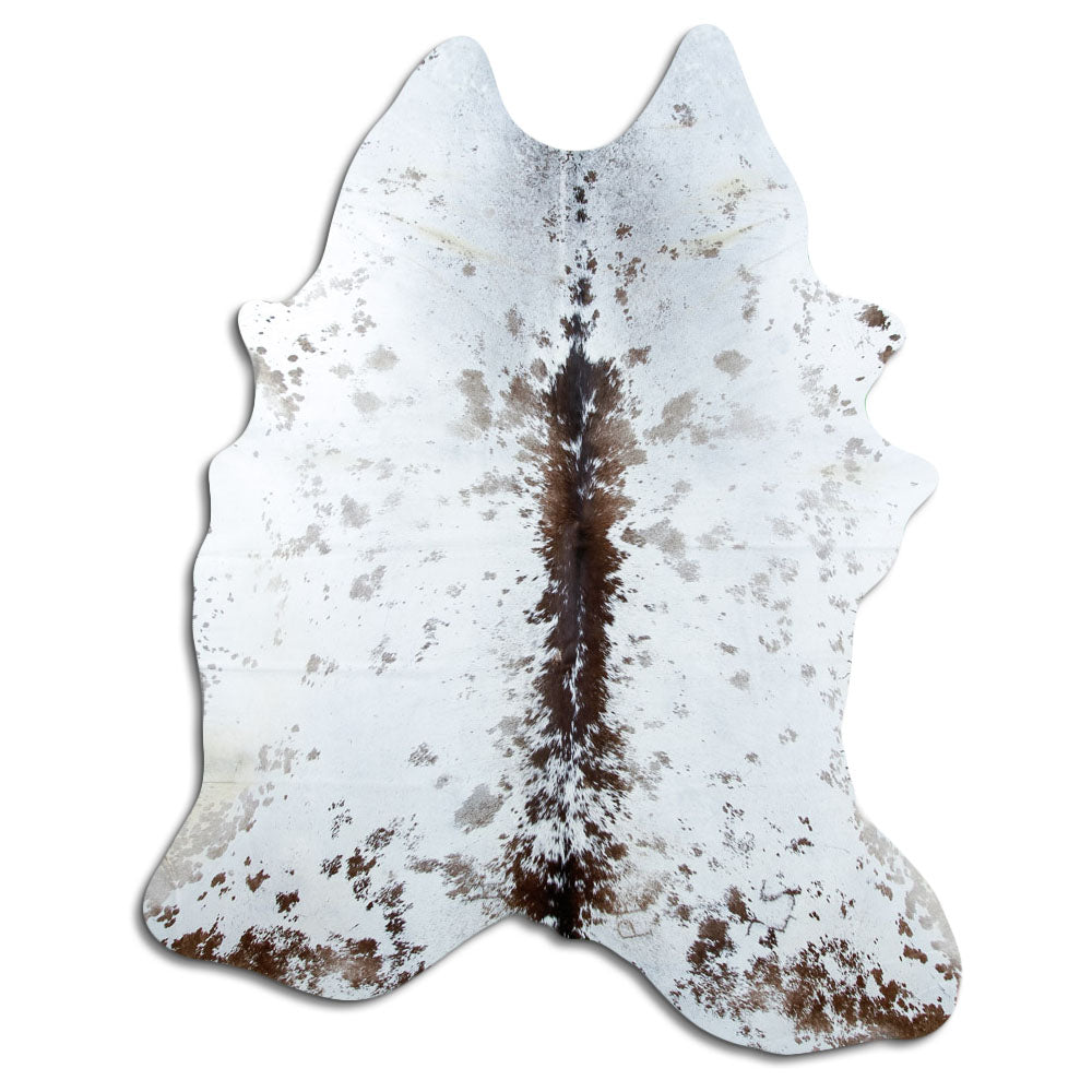 Salt and pepper cowhide rug of about 220 × 180 cm, seen from above: the exact hide you receive