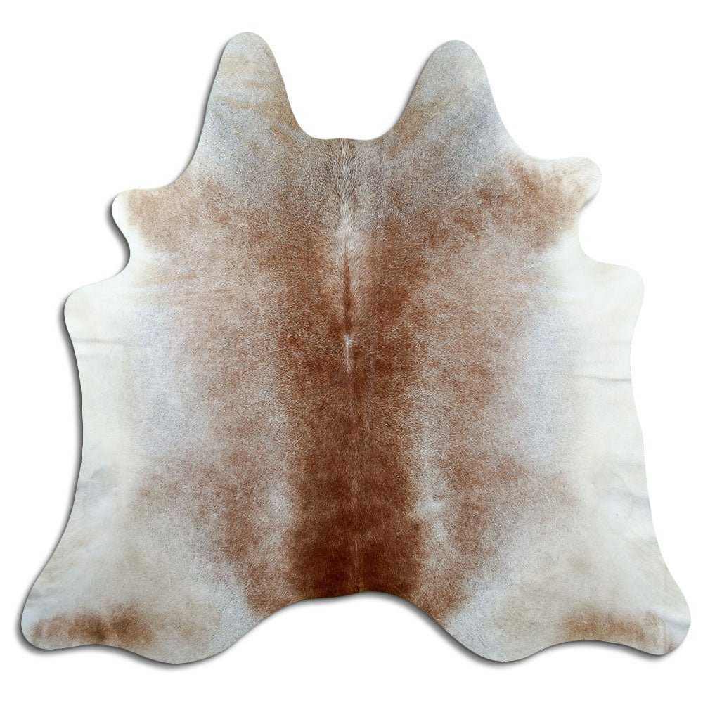 Tan and grey cowhide rug of about 190 × 200 cm, seen from above: the exact hide you receive