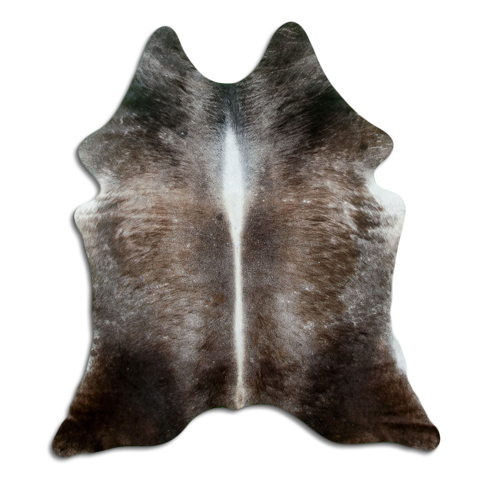 Tan and grey cowhide rug of about 180 × 160 cm, seen from above: the exact hide you receive