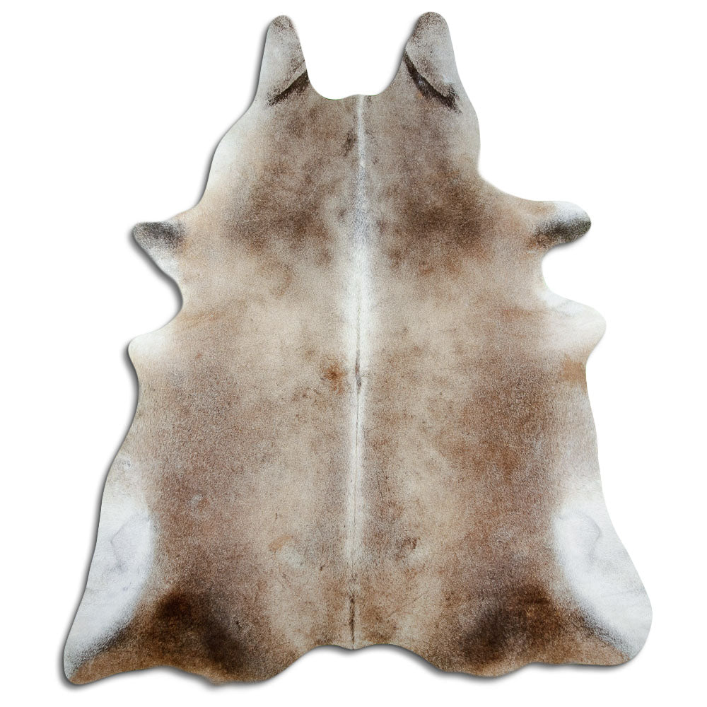 Tan and grey cowhide rug of about 230 × 200 cm, seen from above: the exact hide you receive