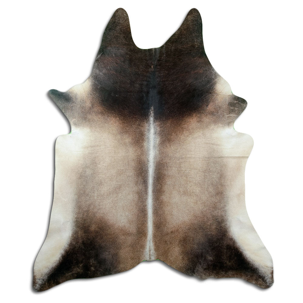 Tan and grey cowhide rug of about 220 × 190 cm, seen from above: the exact hide you receive