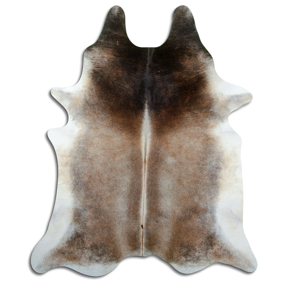 Tan and grey cowhide rug of about 230 × 190 cm, seen from above: the exact hide you receive