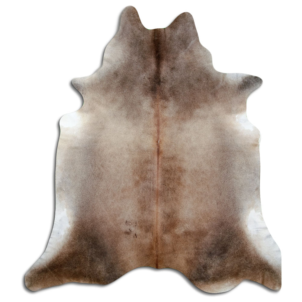 Tan and grey cowhide rug of about 250 × 220 cm, seen from above: the exact hide you receive