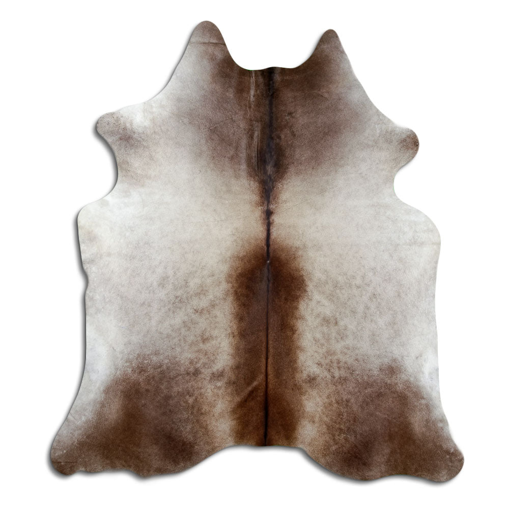 Tan and grey cowhide rug of about 220 × 200 cm, seen from above: the exact hide you receive