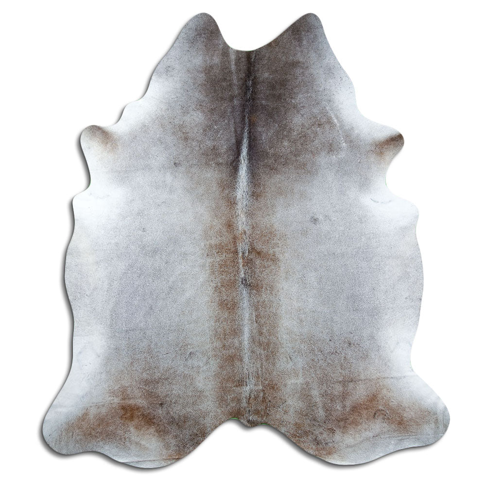 Tan and grey cowhide rug of about 240 × 210 cm, seen from above: the exact hide you receive