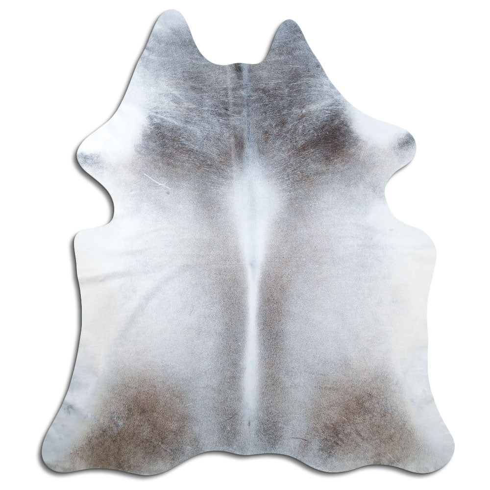 Tan and grey cowhide rug of about 230 × 200 cm, seen from above: the exact hide you receive