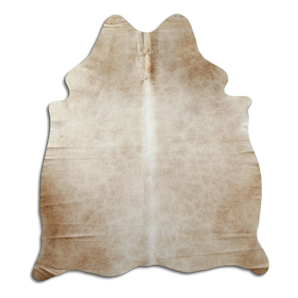 Brown cowhide rug of about 170 × 150 cm, seen from above: the exact hide you receive