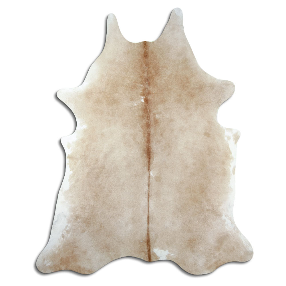 Brown cowhide rug of about 220 × 180 cm, seen from above: the exact hide you receive