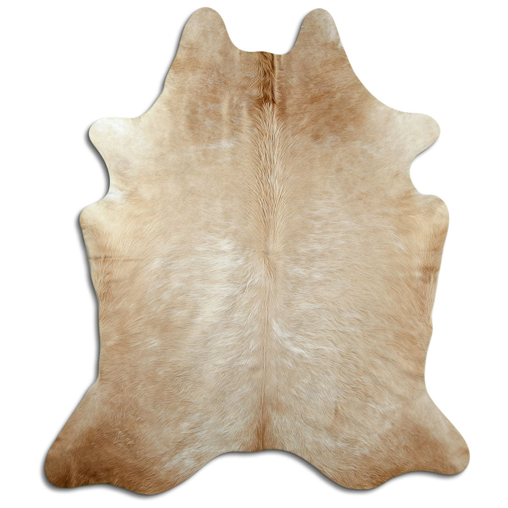 Brown cowhide rug of about 210 × 180 cm, seen from above: the exact hide you receive