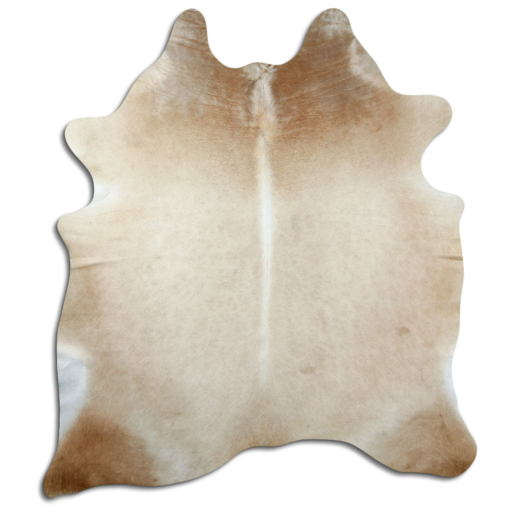 Brown cowhide rug of about 200 × 180 cm, seen from above: the exact hide you receive