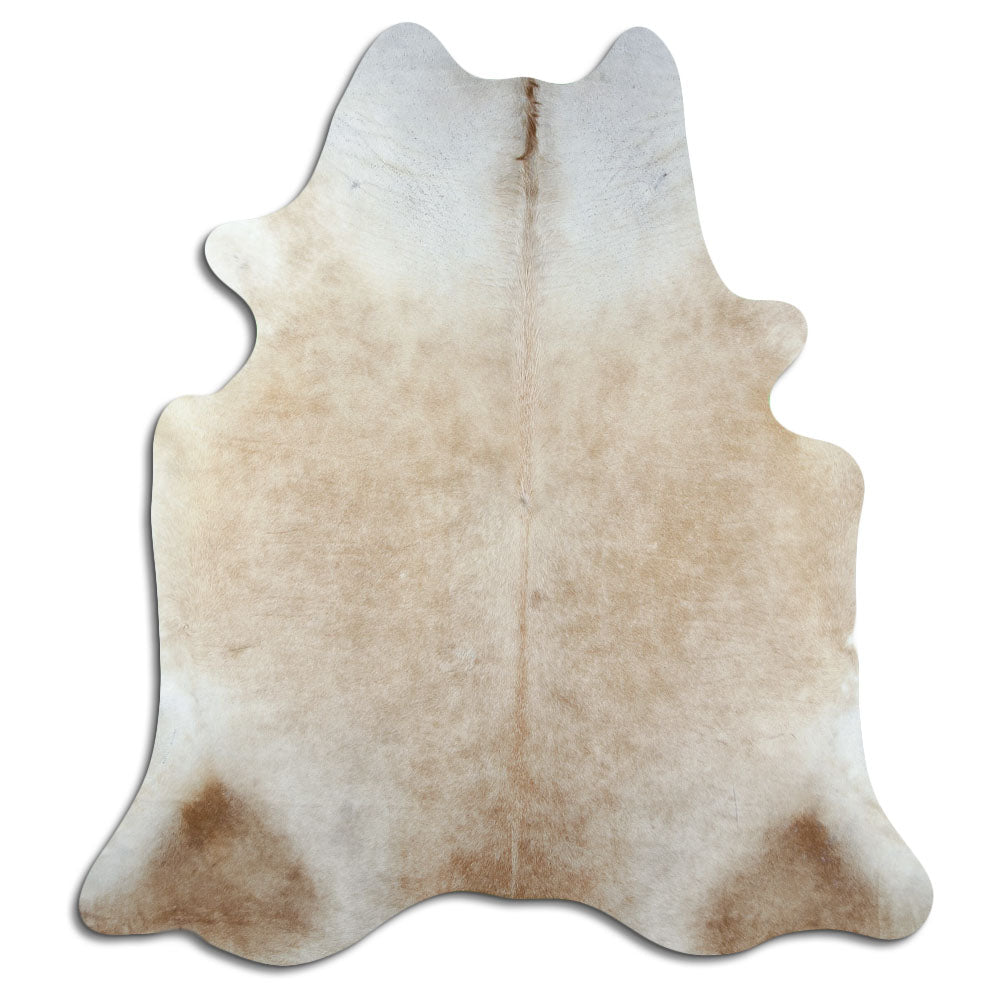 Brown cowhide rug of about 220 × 200 cm, seen from above: the exact hide you receive