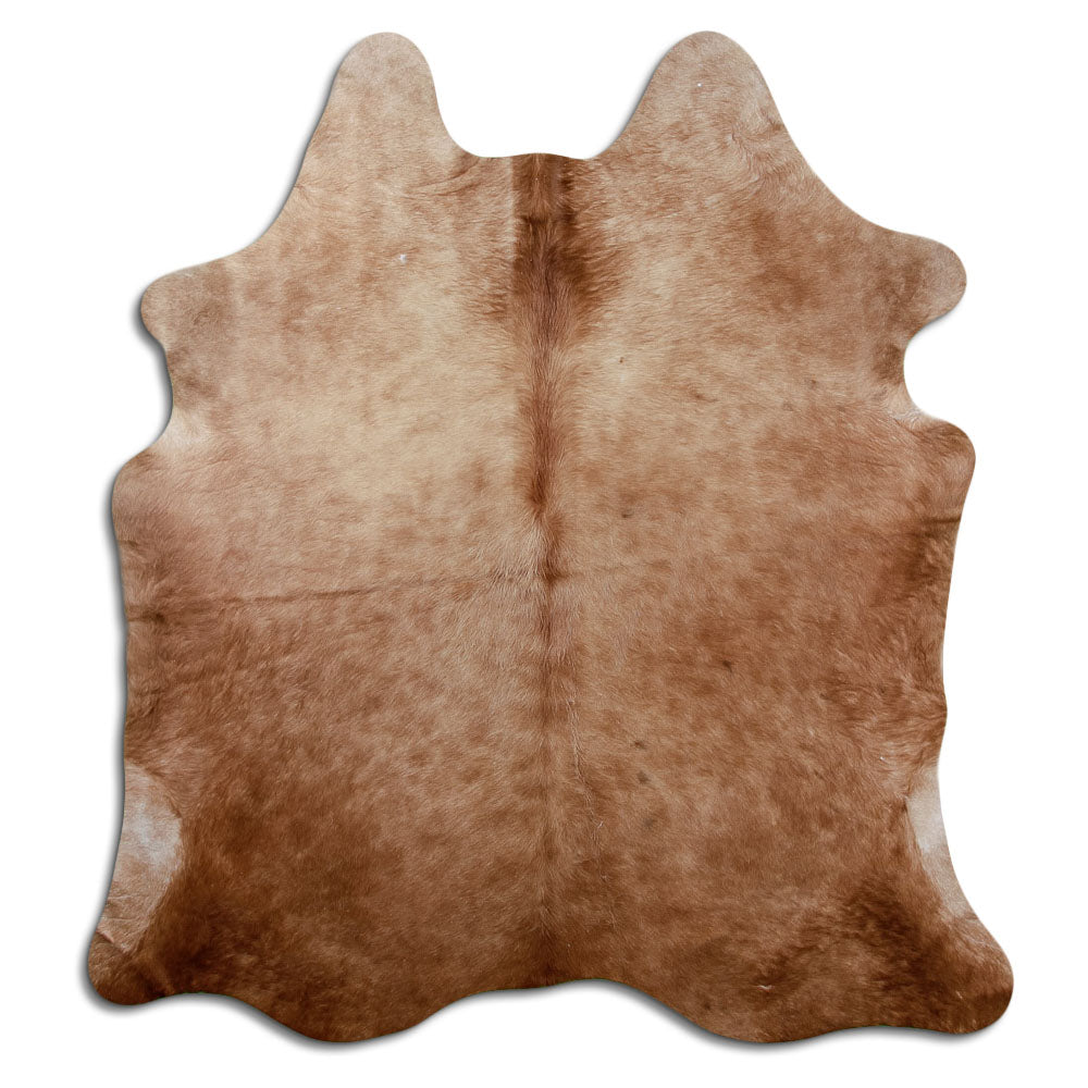 Brown cowhide rug of about 200 × 180 cm, seen from above: the exact hide you receive