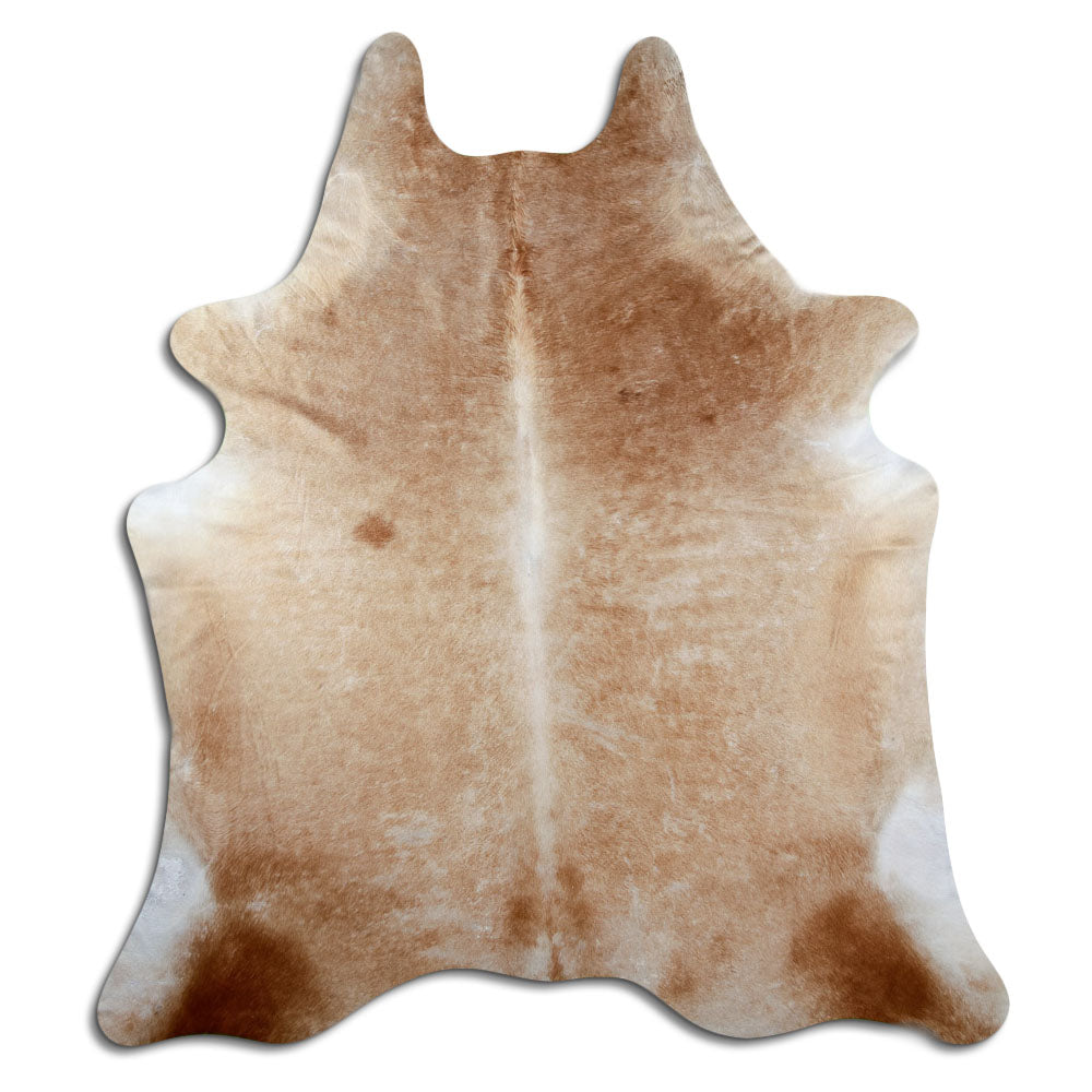 Brown cowhide rug of about 230 × 200 cm, seen from above: the exact hide you receive