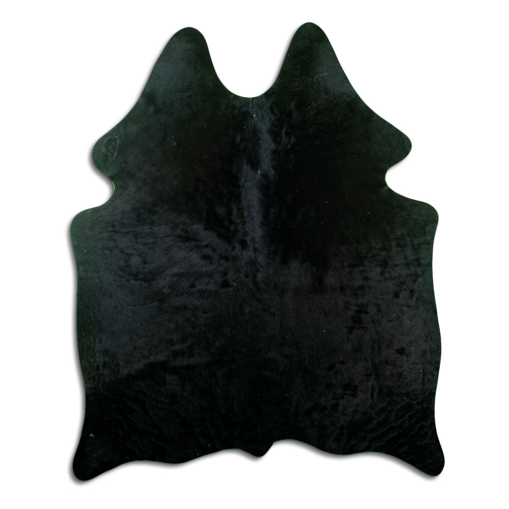 Black cowhide rug of about 190 × 150 cm, seen from above: the exact hide you receive