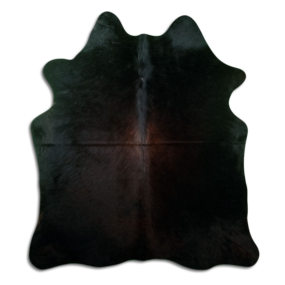 Black cowhide rug of about 170 × 150 cm, seen from above: the exact hide you receive