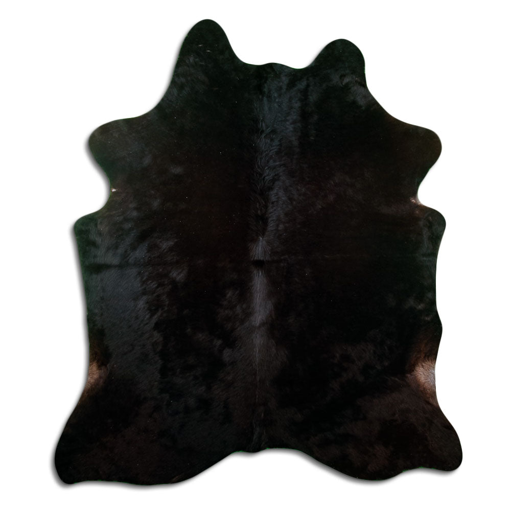 Black cowhide rug of about 190 × 170 cm, seen from above: the exact hide you receive