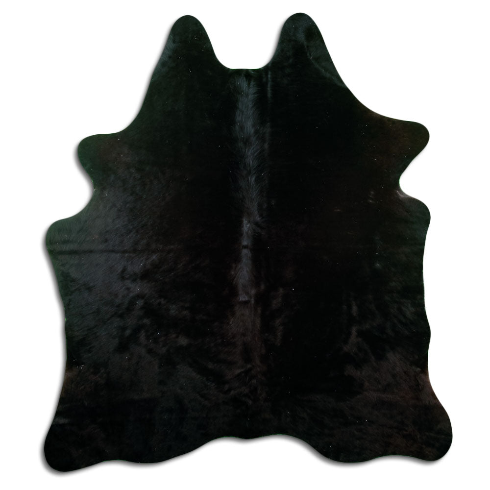 Black cowhide rug of about 180 × 160 cm, seen from above: the exact hide you receive
