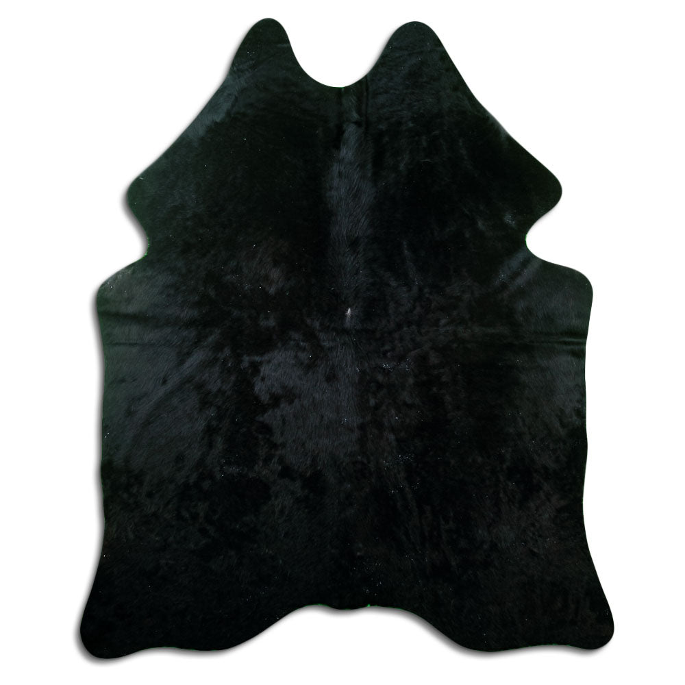 Black cowhide rug of about 190 × 160 cm, seen from above: the exact hide you receive
