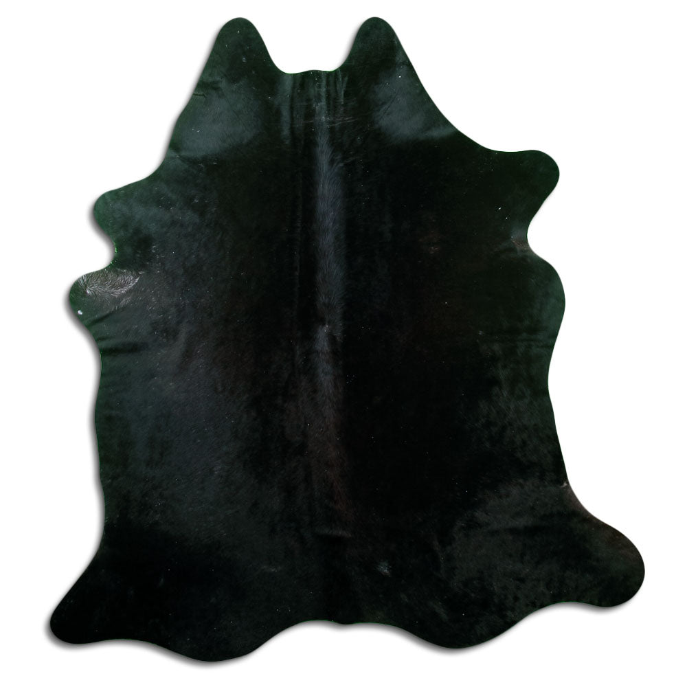 Black cowhide rug of about 170 × 150 cm, seen from above: the exact hide you receive