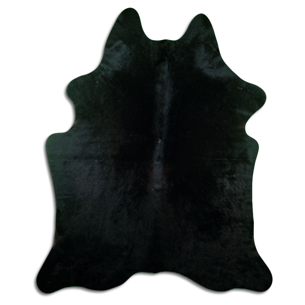 Black cowhide rug of about 200 × 160 cm, seen from above: the exact hide you receive