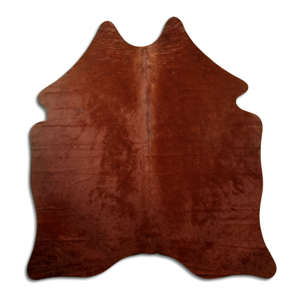 Brown cowhide rug of about 170 × 170 cm, seen from above: the exact hide you receive
