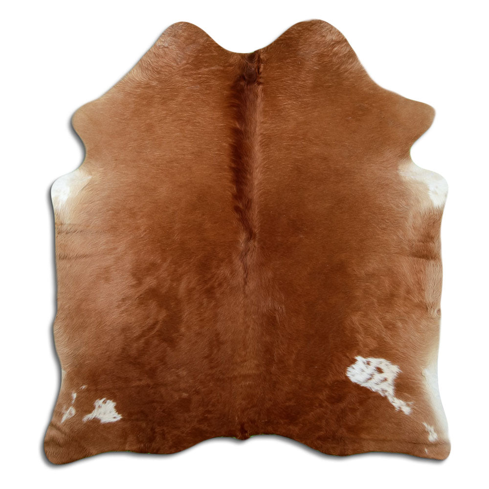 Brown cowhide rug of about 180 × 170 cm, seen from above: the exact hide you receive