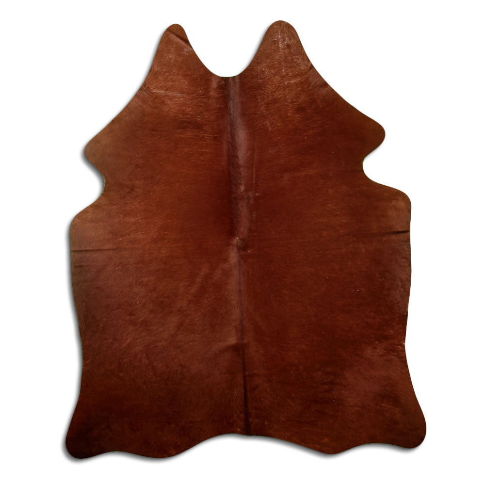 Brown cowhide rug of about 190 × 160 cm, seen from above: the exact hide you receive