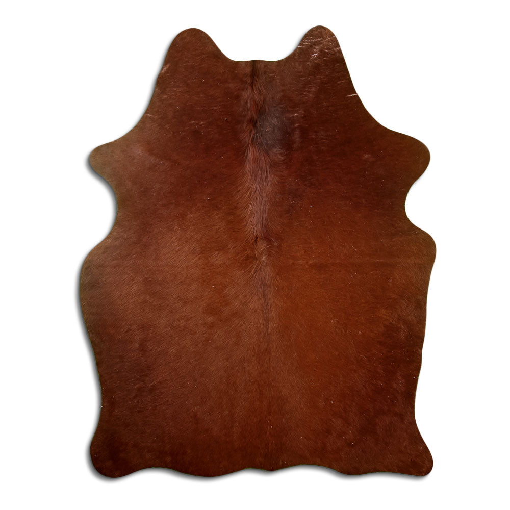 Brown cowhide rug of about 170 × 130 cm, seen from above: the exact hide you receive