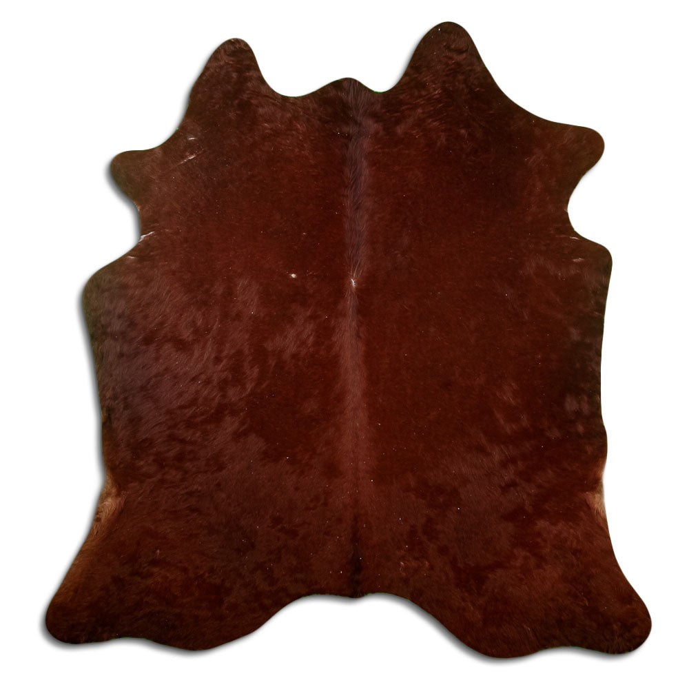 Brown cowhide rug of about 180 × 180 cm, seen from above: the exact hide you receive