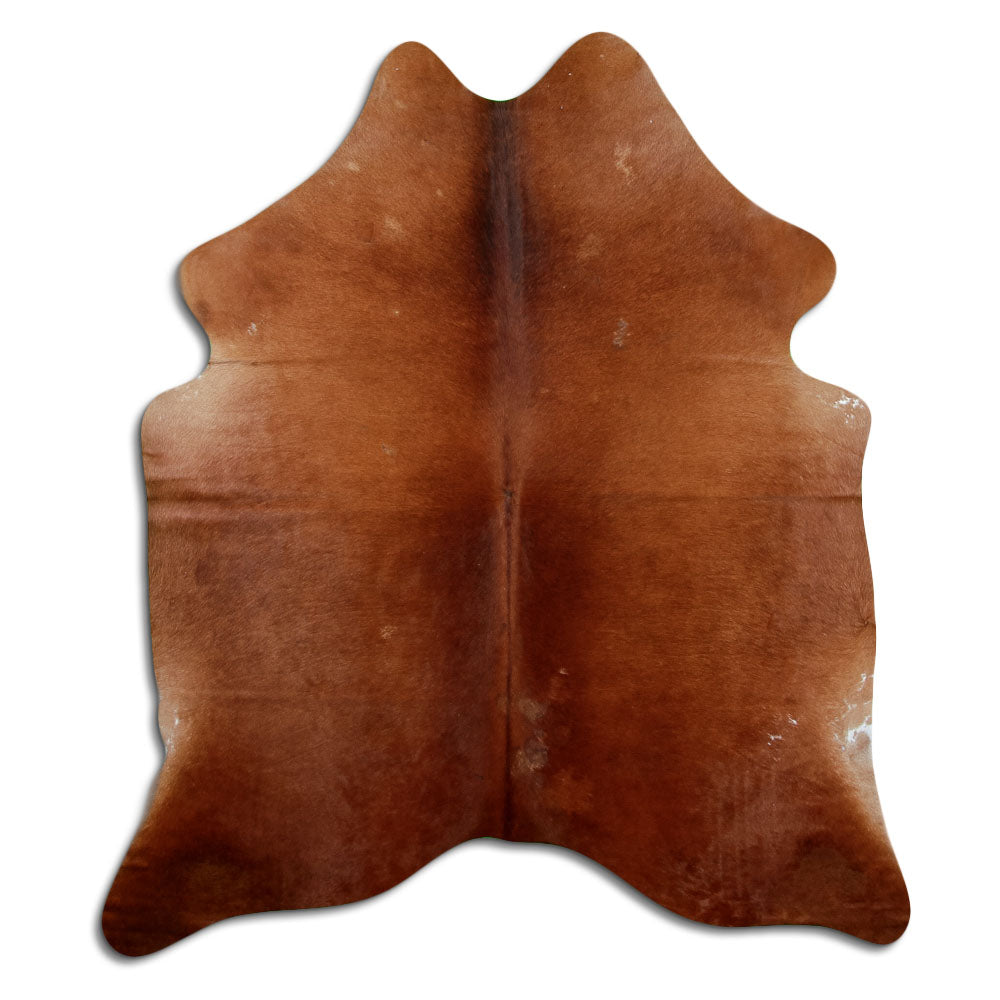 Brown cowhide rug of about 190 × 160 cm, seen from above: the exact hide you receive