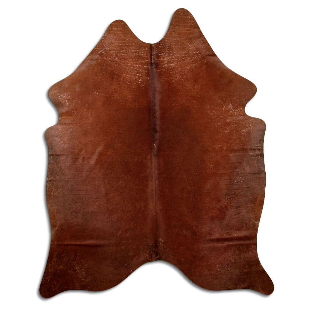 Brown cowhide rug of about 190 × 150 cm, seen from above: the exact hide you receive