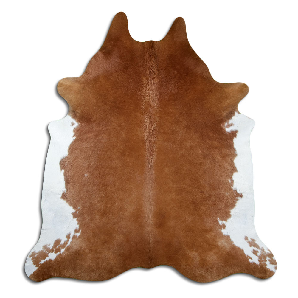 Brown cowhide rug of about 210 × 190 cm, seen from above: the exact hide you receive