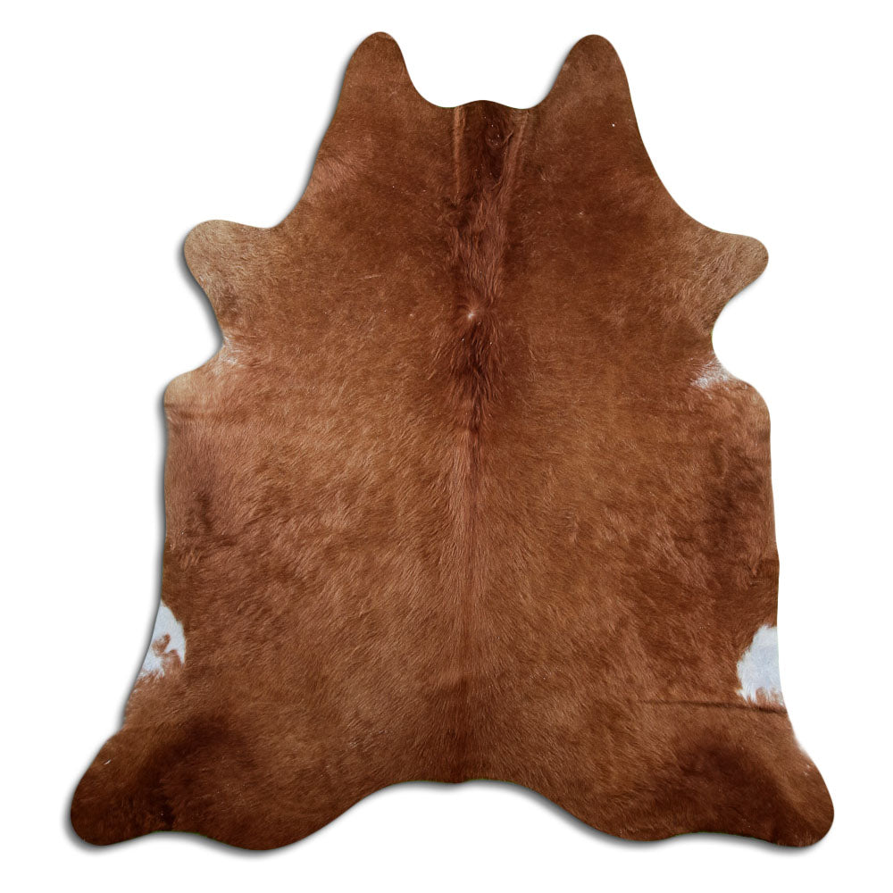 Brown cowhide rug of about 200 × 190 cm, seen from above: the exact hide you receive