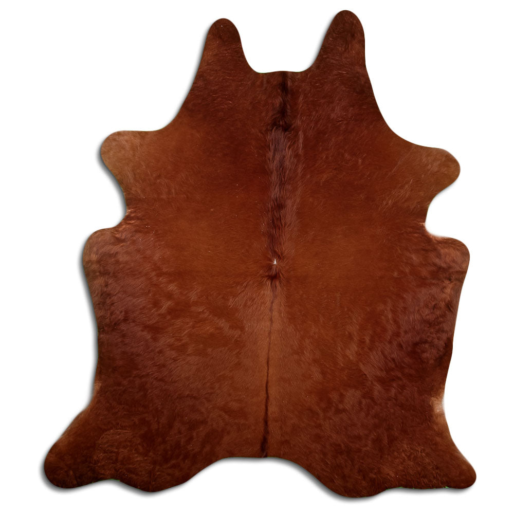 Brown cowhide rug of about 210 × 190 cm, seen from above: the exact hide you receive