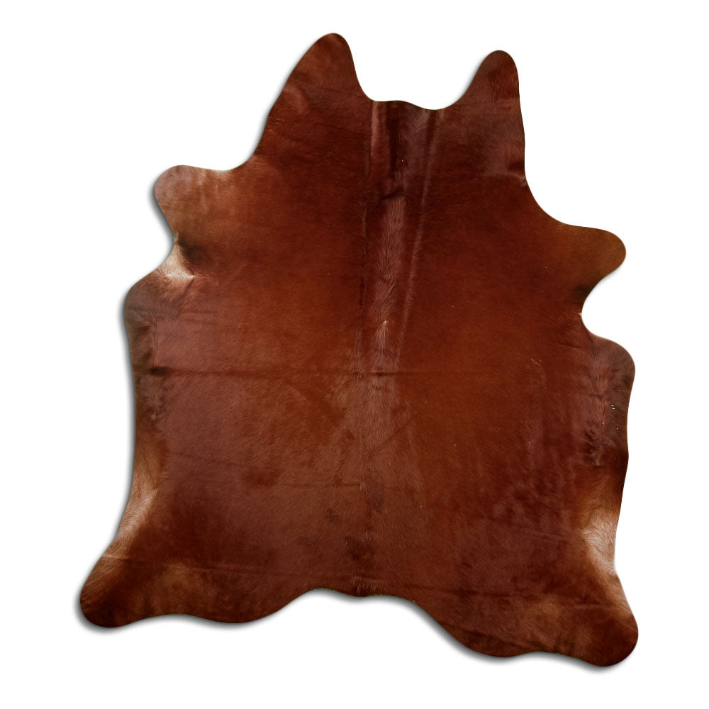 Brown cowhide rug of about 200 × 180 cm, seen from above: the exact hide you receive