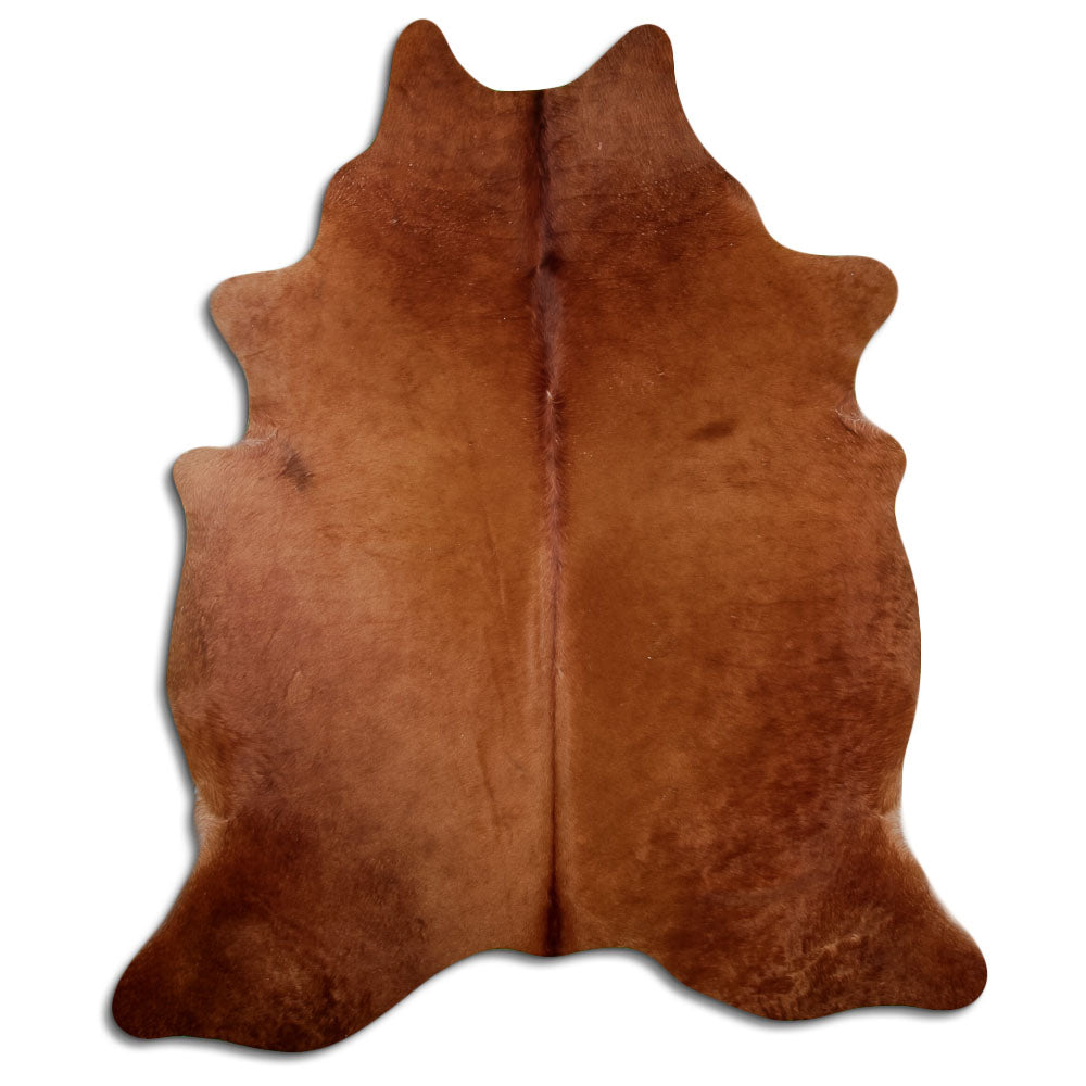 Brown cowhide rug of about 210 × 180 cm, seen from above: the exact hide you receive