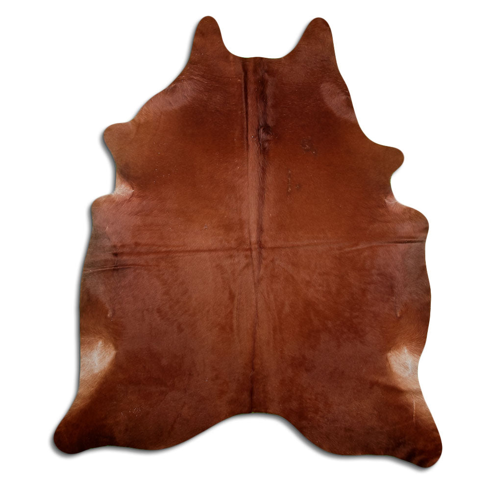 Brown cowhide rug of about 210 × 180 cm, seen from above: the exact hide you receive