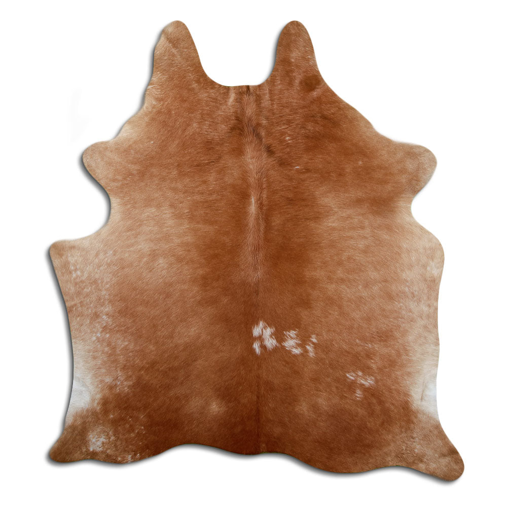 Brown cowhide rug of about 180 × 160 cm, seen from above: the exact hide you receive