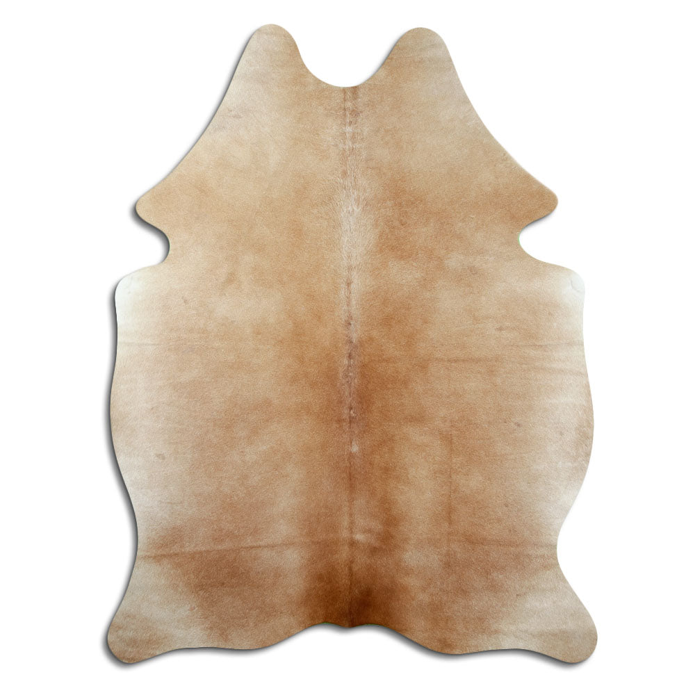 Brown cowhide rug of about 190 × 140 cm, seen from above: the exact hide you receive