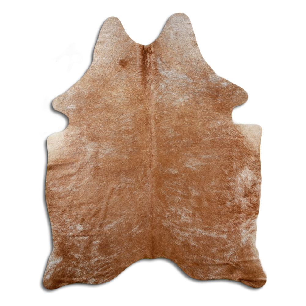 Brown cowhide rug of about 190 × 150 cm, seen from above: the exact hide you receive