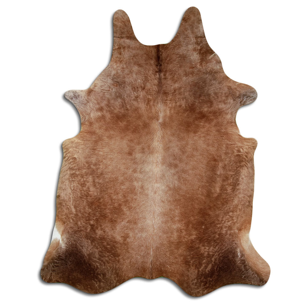 Brown cowhide rug of about 240 × 190 cm, seen from above: the exact hide you receive
