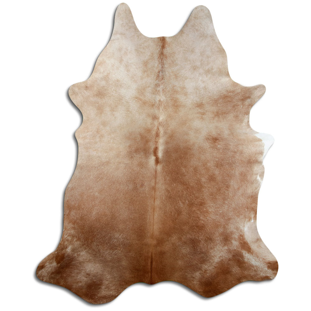 Brown cowhide rug of about 240 × 190 cm, seen from above: the exact hide you receive