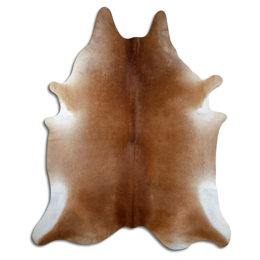 Brown cowhide rug of about 230 × 190 cm, seen from above: the exact hide you receive