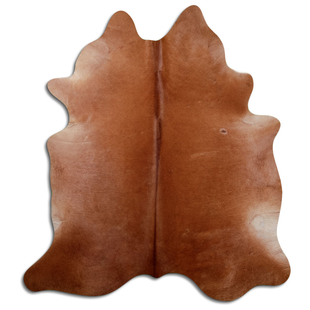 Brown cowhide rug of about 210 × 190 cm, seen from above: the exact hide you receive