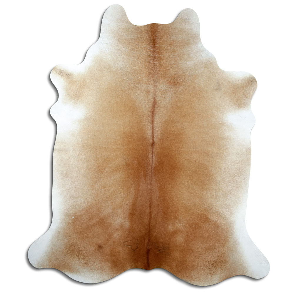 Brown cowhide rug of about 230 × 200 cm, seen from above: the exact hide you receive