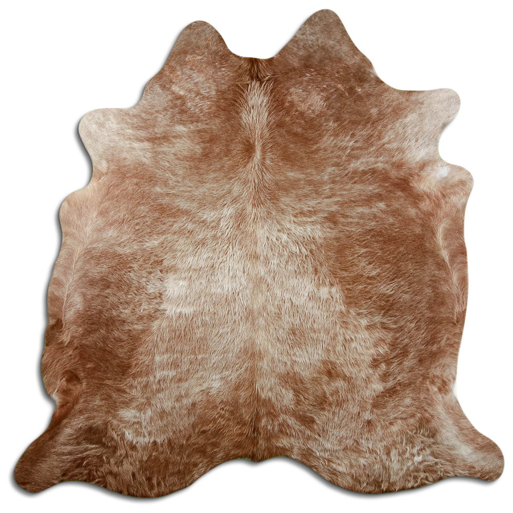 Brown cowhide rug of about 190 × 190 cm, seen from above: the exact hide you receive